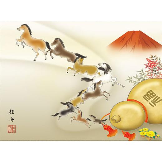 掛軸 干支の掛け軸 本格ミニ掛軸 開運九頭馬 長江桂舟 2026年 午年/馬